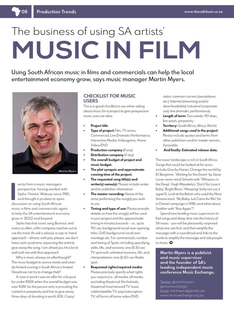 The business of using SA artists’ music in film by Martin Myers